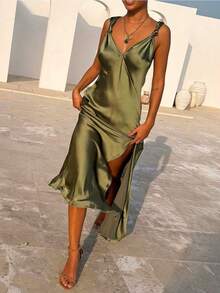 Satin Slip Dress V-Neck Knot Strap Slit Maxi Dress - Verde Oliva - Ver 4