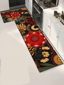 1/2pcs Bohemian Style Floral Kitchen Mat Set, Modern Country Style Floral Kitchen Rug And Mat, Non-Slip Washable, Suitable For Spring/Summer Bohemian Style Kitchen Long Rug, Rubber Bottom Support - Multicolor - View 8