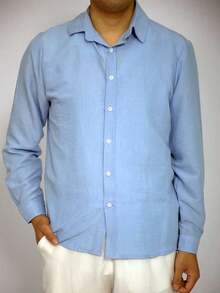 Camisa casual de manga larga azul sólida para hombre, camisa de moda minimalista de ocio al aire libre, chaqueta casual - Azul cadete - Ver 6