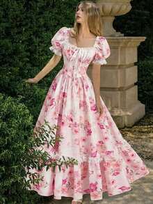 Vestido vintage de estilo victoriano con volantes de encaje largos en el bajo, vestido de, vestido de gala - Rosa 3 - Ver 2