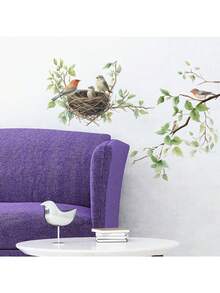 Watercolor Bird Nest Branch Wall Sticker, Colorful Bird & Green Leaf Wall Decal, Removable Peel And Stick Natural Home Decor - Watercolor Bird's Nest Branches - View 5
