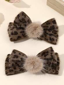 2pcs Leopard Print Plush Bow Hair Clips With Beige Faux Fur Ball & Brown Frog Button Decoration, Cute Fashion Hair Clips, Alligator Clips & Hairpins, Birthday, Party & Daily Wear Hair Accessories For Girls - Brown - View 1