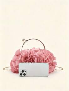 Elegant Layer Ruffle Satin Handbag, Chain Strap Clutch For Night Out & Dinner - Coral Pink - View 4