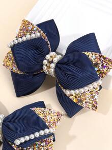 2pcs Navy Blue Ribbed Satin Double Bow Hair Clips Gold Glitter Pearl Rhinestone Decor For Girls Kids Birthday Party Daily Wear - Multicolor - View 4