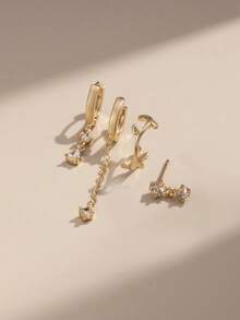Nooxian Set Anting Zirkonia Emas 4 Buah: Anting Manset Ular + Anting Lingkaran Tetes Air + Anting Tusuk Rumbai Rantai, Desain Berlapis Mewah - kuning keemasan - View 5