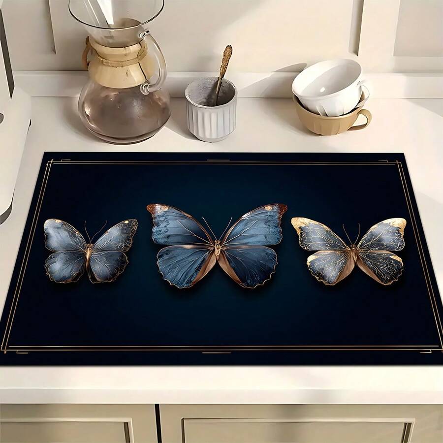 1pc Elegant Butterfly Pattern Printed Absorbent Dish Drying Mat, Home Decor, Suitable For Espresso Machine, Sink, Faucet, Bathroom, Kitchen Accessories - Multicolor - View 1