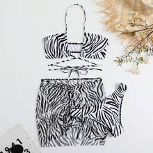 2026 New Striped Print Drawstring Tie Three-Piece Swimsuit Bikini - Black - View 10