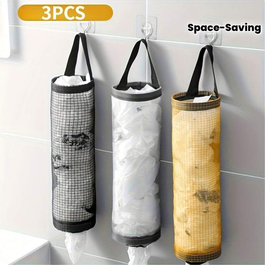 3 piezas/Set - Estante de almacenamiento de bolsas de plástico de malla colgante, bolsa de almacenamiento de bolsas de basura de cocina, solución de almacenamiento que ahorra espacio, adecuado para cocina, sala de estar, baño, dormitorio, para organización del hogar, organiza eficientemente tu cocina