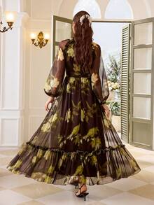 Elegant Women's V-Neck Long Sleeve Floral Print Ruffle Hem Dress, Suitable For Summer, Vacation, Multiple Occasions, Soft Brown Dress - Brown - View 2