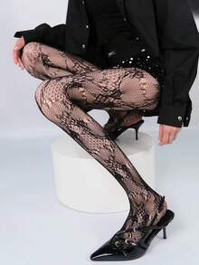 1 Pair Plus Size Friendly Black Rose Fishnet Tights, Elastic Slim Fit Legwear - Black - View 1