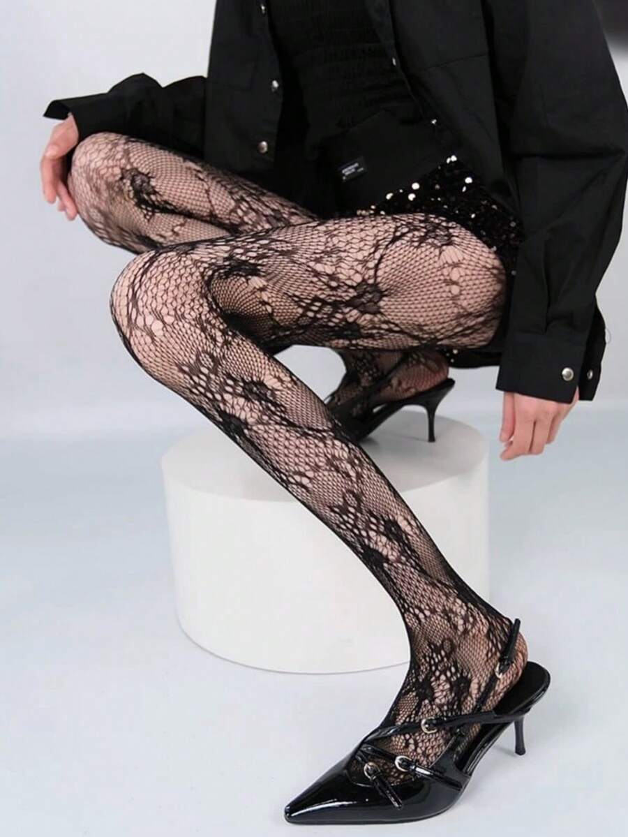 1 Pair Plus Size Friendly Black Rose Fishnet Tights, Elastic Slim Fit Legwear - Black - View 1