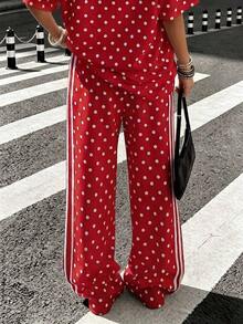 Pantalones sueltos casuales de mujer con lunares, adecuados para exteriores, calle, estilo Y2K, vacaciones de primavera/verano en color rojo - Rojo - Ver 2