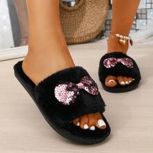 New Shiny Bow Decor Fluffy Flat Slippers, Adorable Plush Slippers For Women, Suitable For Indoor & Outdoor Wear, Warm And Comfortable Ladies Furry Flat House Slippers - Black - View 3