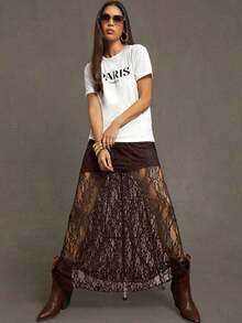 X Scot Louie  Falda larga de verano ligera y transpirable con parches de encaje negro y flores silvestres para mujer - Café integral - Ver 12