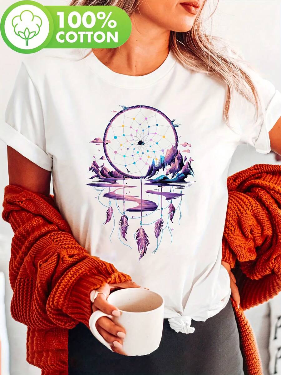 Camiseta con estampado surrealista de Y en dirección, montaña púrpura y agua, top casual de manga corta y cuello redondo para verano y primavera, ropa de mujer - Blanco - Ver 1