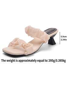 Sandal ngoài trời gót mèo mũi vuông, dép mule gót trung satin màu be, sandal xỏ hai quai xếp ly, sandal xỏ phong cách nhẹ nhàng kiểu Pháp cho nữ - Màu be - Xem 7