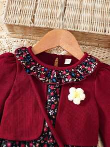 Young Girl Autumn/Winter Floral Print Ruffle Hem 2 In 1 Long Sleeve Dress With Waist Bag - Burgundy - View 4