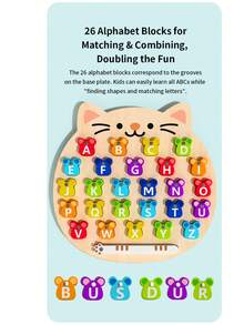 1 Set Papan Gores Huruf Kayu Bergambar Kucing Kartun, Papan Puzzle Mencocokkan 26 Huruf untuk Anak-Anak, Mainan Sains Edukatif, Mainan Sains Edukatif Kognitif untuk Pembelajaran Dini - MultiWarna - View 5