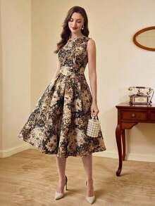 xheVintamour Vestido de mujer elegante y clásico vintage, vestido ajustado de jacquard para primavera/verano, vestido de escote barco, vestido floral rosa sobre base albaricoque, vestido rosa, vestido de vuelo de longitud mediaxhe - Amarillo 2 - Ver 3