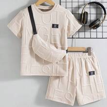 Set de 2 piezas de camiseta de manga corta y pantalones cortos de unicolor informal para niños con bolsa, para verano - Albaricoque - Ver 11