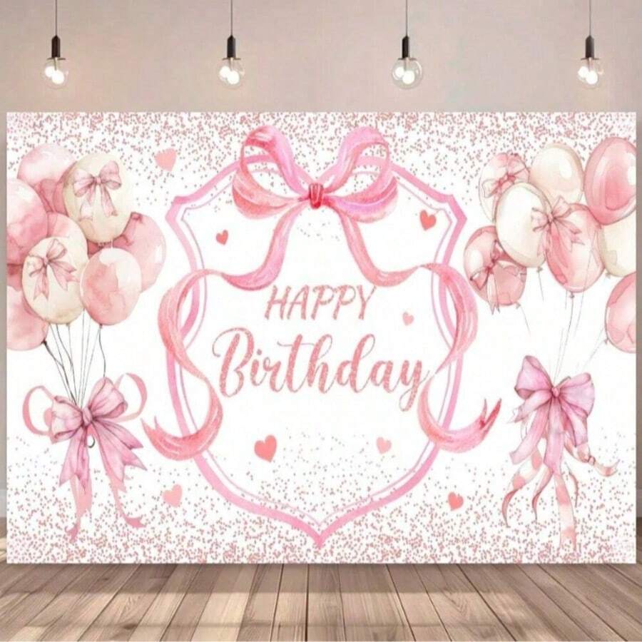 Banner phẳng 2D 1 nơ hồng Chúc mừng sinh nhật, dùng trang trí tiệc, bàn bánh kem và chụp ảnh chân dung ngọt ngào, cho nhà ở, nhà bếp, trang trí tiệc, phụ kiện bàn bánh kem, phông nền đạo cụ chụp ảnh.