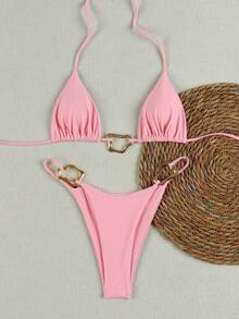 Polovedo Metall Deko Sexy Neckholder Bikini Elegante Badebekleidung Geeignet für Strandurlaub und Party Sommer - Babypink - Übersicht 1