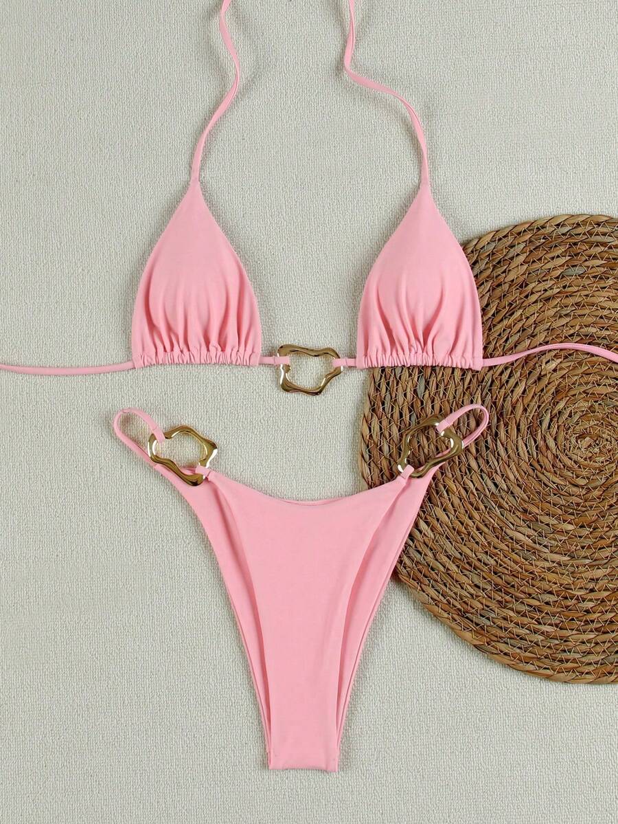 Polovedo Metall Deko Sexy Neckholder Bikini Elegante Badebekleidung Geeignet für Strandurlaub und Party Sommer - Babypink - Übersicht 1