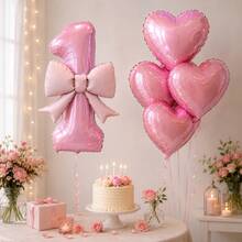 8pcs Pink Bow Foil Balloons With Heart Balloons Set, Suitable For Birthday Party Decoration, Baby Shower, Wedding - View 1