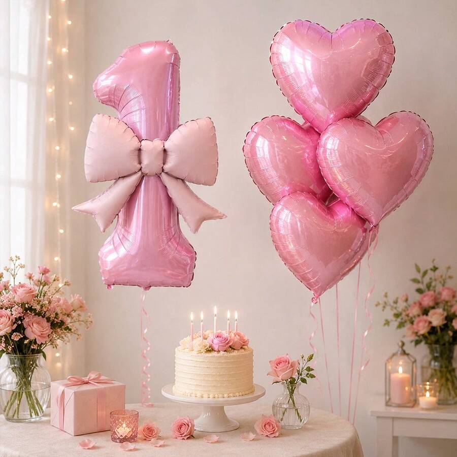 8pcs Pink Bow Foil Balloons With Heart Balloons Set, Suitable For Birthday Party Decoration, Baby Shower, Wedding - View 1