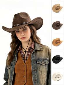 1 pieza Sombrero de mujer estilo occidental de ante | Decoración de metal vintage con diseño de cuerda al viento | Adecuado para uso casual, actuaciones en el escenario, reuniones al aire libre, múltiples colores disponibles, aplicable para primavera/otoño - A - Ver 1