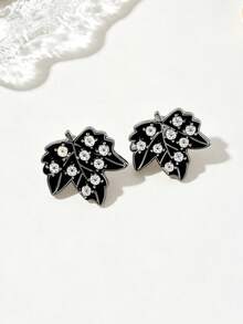 2pcs Fashionable Maple Leaf Stud Earrings, Minimalist Design With Sparkling Rhinestones, Elegant For Daily Wear - Navy Blue - View 2