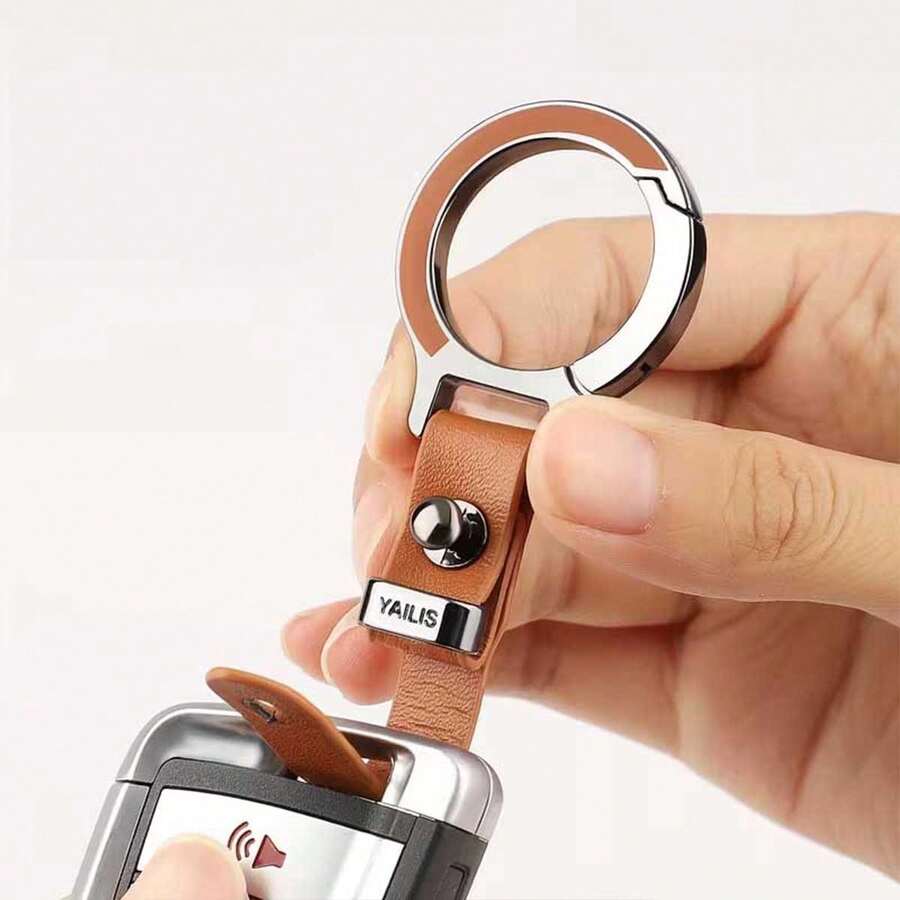 1pc Leather & Alloy Keychain, Simple Alloy Key Ring Accessory For Car & Home Use - One Size Fits All - View 1