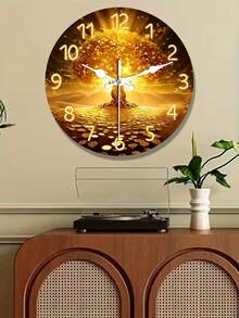 1pc Gold Money Tree Shaped Silent Non-Ticking Round Wall Clock, Suitable For Decorating Living Room And Office - Multicolor - View 2