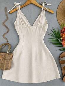 FJDVFranclia Nuevo vestido de verano/primavera para mujer de algodón y lino con tirantes finos, vestido mini de línea A con cuello en V profundo y cintura anudada, de unicolor, ajustado y sexy para vacaciones, citas o playaFBSB A7DS - Blanco - Ver 2
