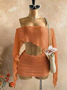 Nuevo conjunto sexy de fiesta con parte superior suelta asimétrica de hombro con lentejuelas doradas transparentes y falda mini fruncida de cintura baja, estilo bohemio, de vacaciones, vintage, para la playa, crucero - Naranja - Ver 3