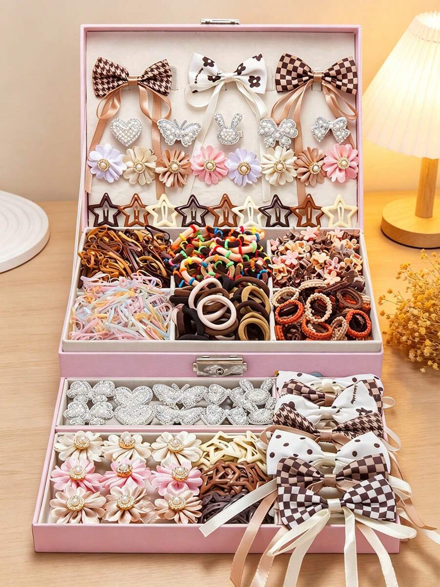 VBOOR 819pcs Vintage Princess Style Hair Accessories Set, Suitable For Women. Includes Checkerboard Ribbon Bow Hair Clips, Rhinestone Heart/Bowknot/Rabbit Mixed Hair Clips, Fabric Faux Pearl Flower Hair Clips, High Elasticity Non-Damaging Hair Ties. Multi-Category Matching Set For Daily/Party/Commute Wear.,Clips For Hair - Multicolor - View 1