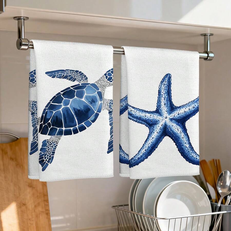 2 piezas Toallas de cocina con estampado de animales marinos azules, paños de limpieza de cocina 100% poliéster, adecuados para cocina de restaurante y decoración del hogar; secado rápido, ligeros, resistentes a la decoloración, baja pelusa, resistentes al moho, alta solidez del color, tamaño 40*60cm - Azul y blanco - Ver 1