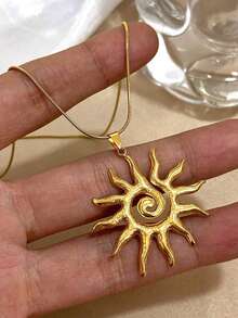 1pc Vintage Bohemian Style Metal Gold Sun Pendant Necklace, Suitable For Party, Gathering, Daily Outfit, Beach Vacation - Gold - View 6