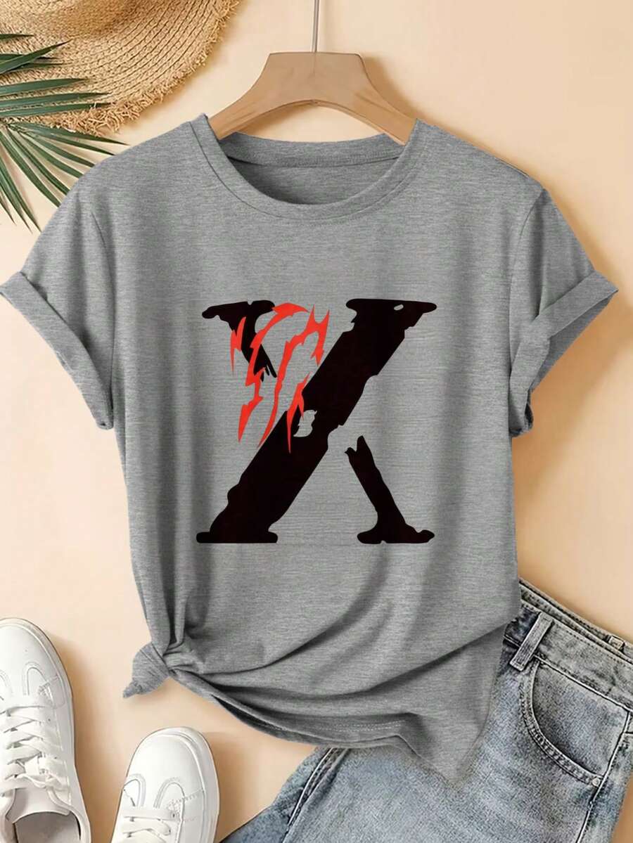 Red Flame Design And Print X Digital Print Short Sleeve Unisex Pure Cotton Loose And Comfortable - Grey - View 1