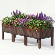 Heavy-Duty Square Raised Garden Planter Box With Drainage System & Drainage Holes - Thick Plastic Raised Bed Suitable For Balcony, , Outdoor Railing Box, Rectangular Flowerpot Planter For Vegetables, Herbs, Flowers, Lawn Care - 3 Grid - 查看 1