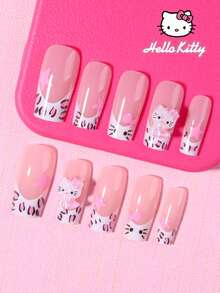 SANRIO 三麗鷗 Hello Kitty 24片中號方形豹紋&白色法式穿戴甲，含 Hello Kitty、星星、蝴蝶結設計，完美貼合壓克力假指甲組，附1瓶果凍膠與1個指甲銼條，適合女孩日常、派對與聚會使用 - 彩色 - 查看 3