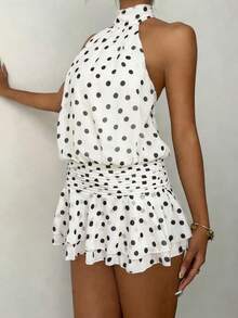 Women's White Polka Dot Spaghetti Strap Mini Dress, Sleeveless High Waist Ruffle Hem A-Line Dress For Party & Holiday Wear Wedding - White - View 3