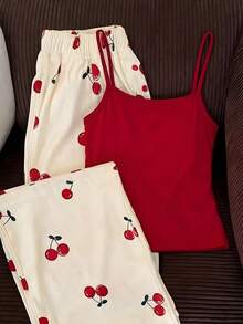 Women's Casual Loungewear Set, Cherry Pattern, Suitable For Summer Wear, Commuting And Beach Vacation Elegant - Multicolor - View 3
