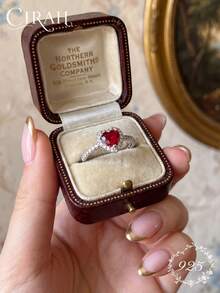 1pc Half Heart Shaped Rhinestone Inlaid Black & Red Ring, Exquisite Women's Jewelry, Anniversary Birthday Gift - Antique Silver - View 4