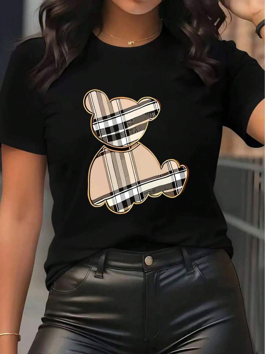 Women's Short Sleeve T-Shirt With Black Plaid Bear Print - Pure Polyester Crew Neck T-Shirt, Suitable For Daily Wear, Machine Washable, Comfortable And Casual, Ideal For Everyday Wear And To Match With Other Garments, Mature Style Basic T-Shirt. - 黑色 - 查看 1