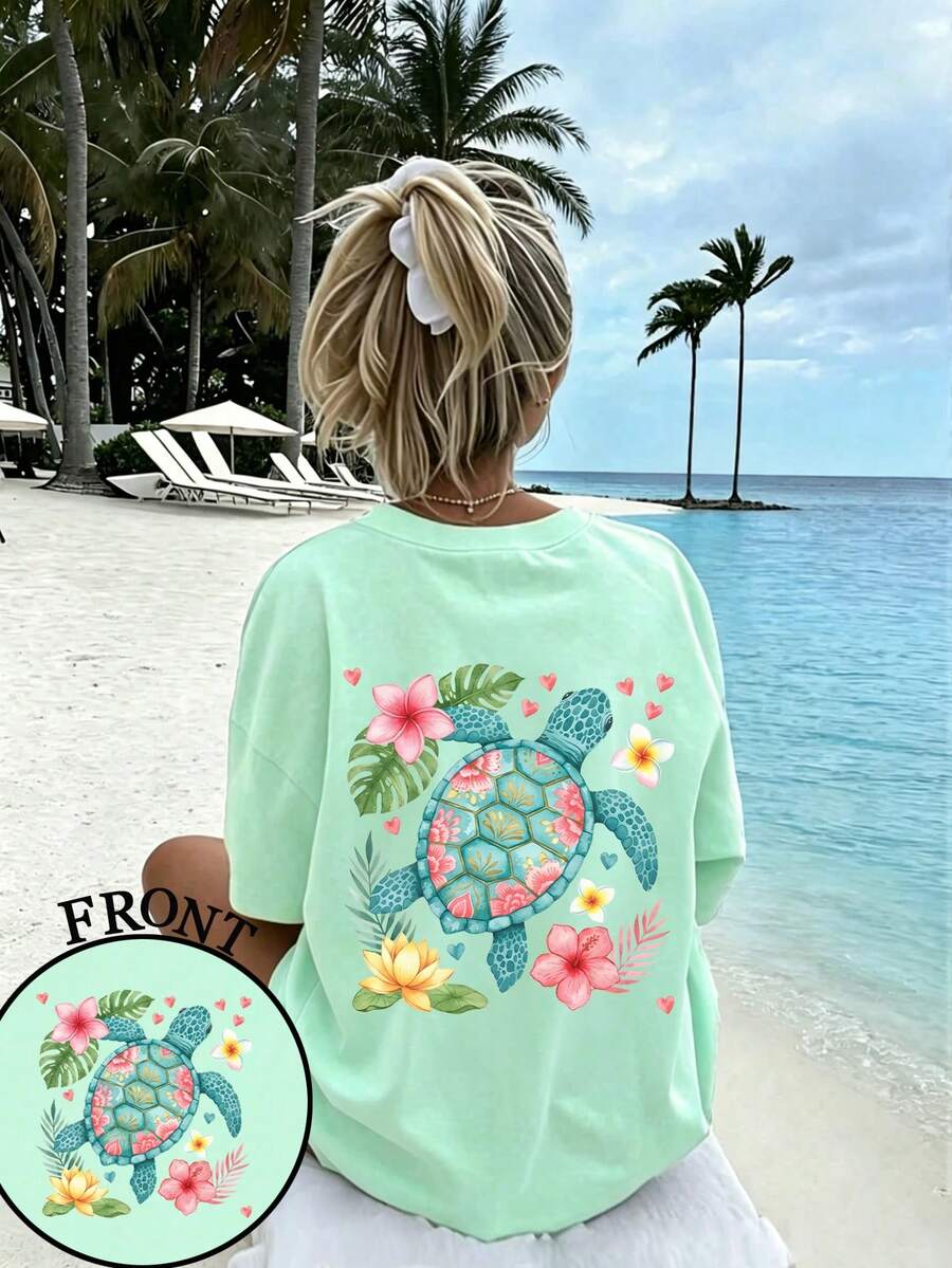 Tween Girl-Vacation Style Printed T-Shirt, Suitable For Travel And Vacation Wear, Fashionable Spring/Summer Casual Versatile Top - Mint Green - View 1