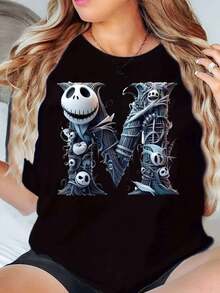 Disney Nightmare Before Christmas Jack Skellington And Zero Letter M Print Women T Shirt Round Neck Short Sleeve Casual Halloween Costume Soft Comfortable 220g - màu đen - Xem 1