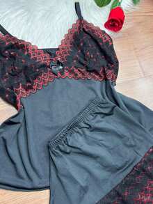 Short Doll Women's Pajama Set/ Two-Tone Lace - Graphite - View 2
