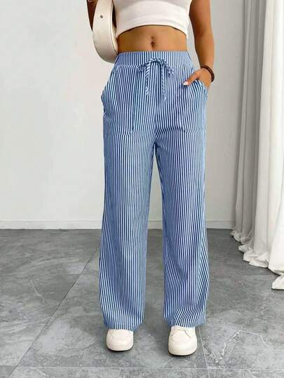 Women's Elegant Casual Striped Pocket Straight Leg Pants, Spring/Summer