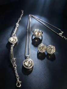 4pcs Set Of Fashionable Rhinestone Encrusted Round Jewelry Set, Suitable For Women's Daily Wear, Holidays, Weddings, Celebrations, And Gift Giving - Silver - View 5